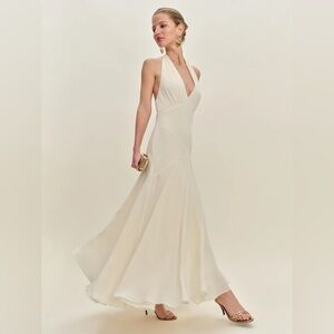 Reformation Briony White/Ivory/Beige/Cream V Neck Halter Maxi Dress (Size 4)